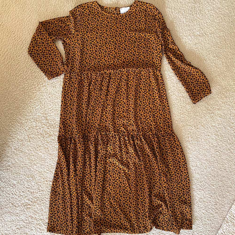 ASOS DESIGN Long Sleeve Tiered Smock Midi Dress, Leopard Print, Size 14